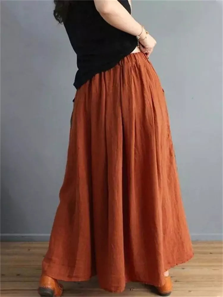 Vintage Boho Elastic Waist Color-Block Cotton-Linen A-Line Skirt