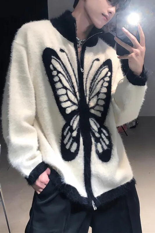 Vintage Butterfly Fuzzy Zip Up Loose Cardigan