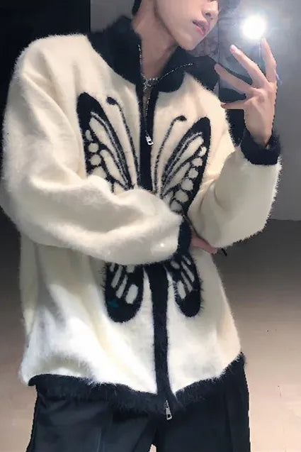Vintage Butterfly Fuzzy Zip Up Loose Cardigan