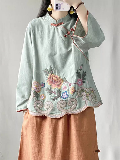 Vintage Chinese Knotted Embroidered Linen Stand Collar Blouse