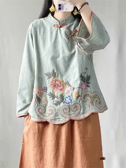 Vintage Chinese Knotted Embroidered Linen Stand Collar Blouse