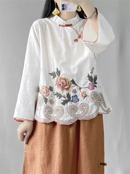 Vintage Chinese Knotted Embroidered Linen Stand Collar Blouse