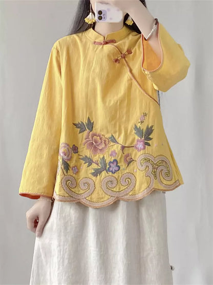 Vintage Chinese Knotted Embroidered Linen Stand Collar Blouse