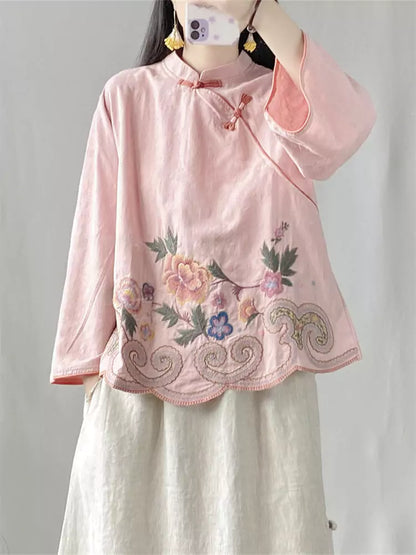 Vintage Chinese Knotted Embroidered Linen Stand Collar Blouse