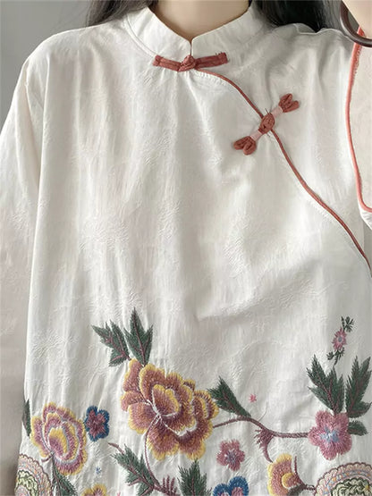 Vintage Chinese Knotted Embroidered Linen Stand Collar Blouse