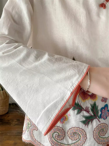 Vintage Chinese Knotted Embroidered Linen Stand Collar Blouse