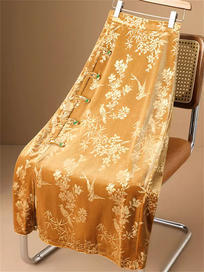 Vintage-Rock im chinesischen Stil aus besticktem Samt in A-Linie mit Schlitz