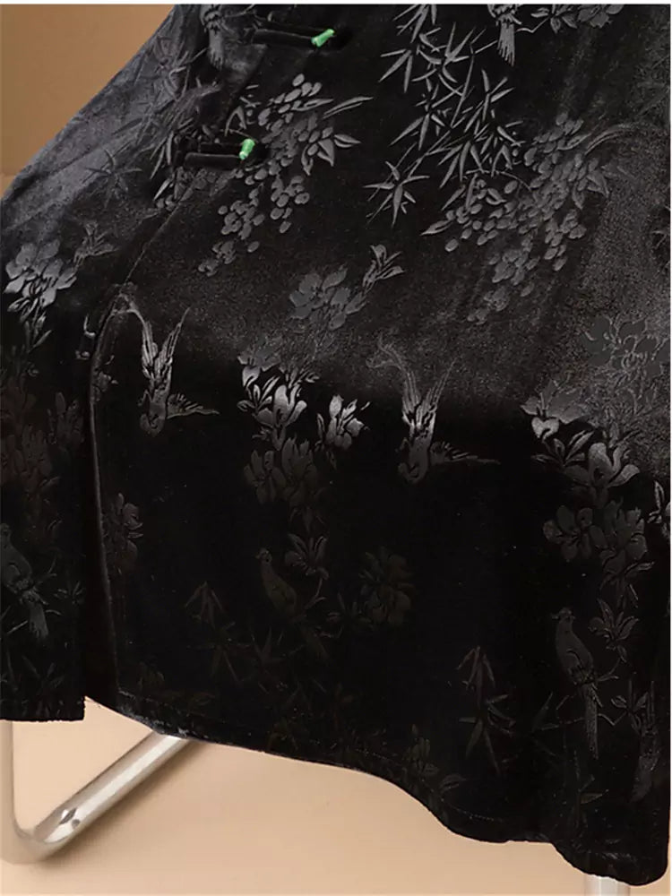 Vintage Chinese-style Velvet Embroidered A-line Skirt with Slit