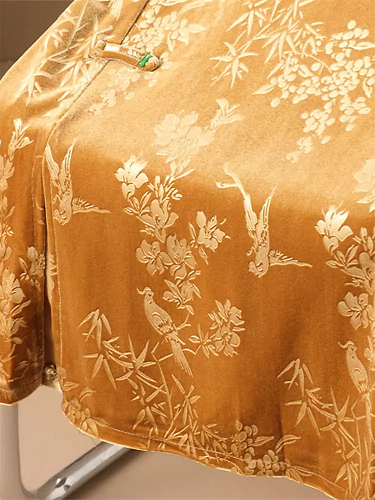 Vintage Chinese-style Velvet Embroidered A-line Skirt with Slit