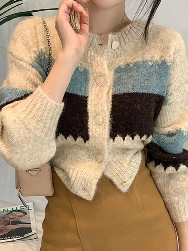 Kurzer, einreihiger Vintage-Cardigan mit Farbblockmuster und Knopfleiste
