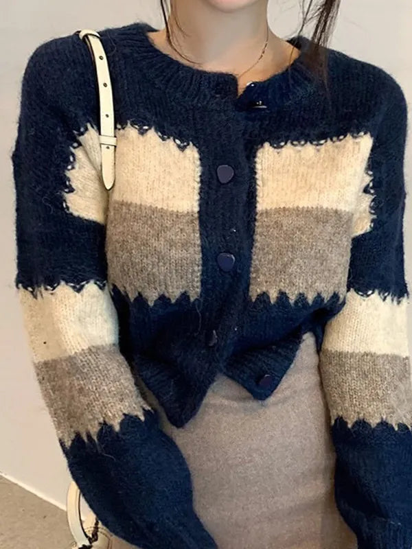 Kurzer, einreihiger Vintage-Cardigan mit Farbblockmuster und Knopfleiste