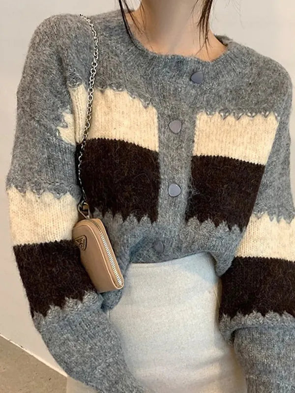 Kurzer, einreihiger Vintage-Cardigan mit Farbblockmuster und Knopfleiste