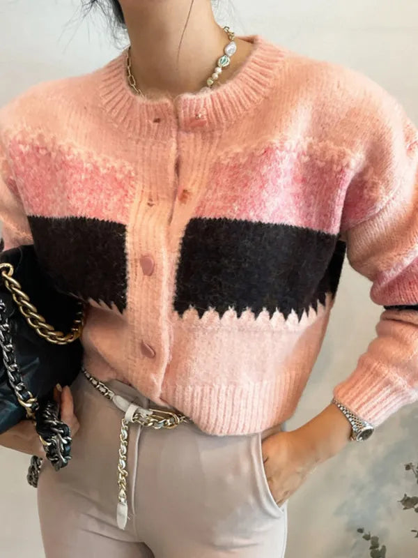 Kurzer, einreihiger Vintage-Cardigan mit Farbblockmuster und Knopfleiste
