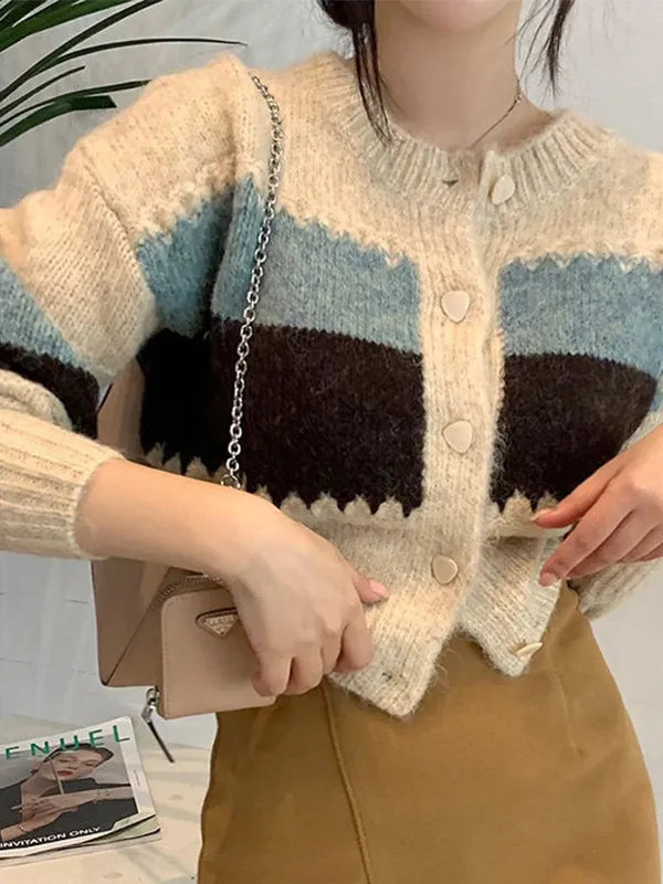 Kurzer, einreihiger Vintage-Cardigan mit Farbblockmuster und Knopfleiste