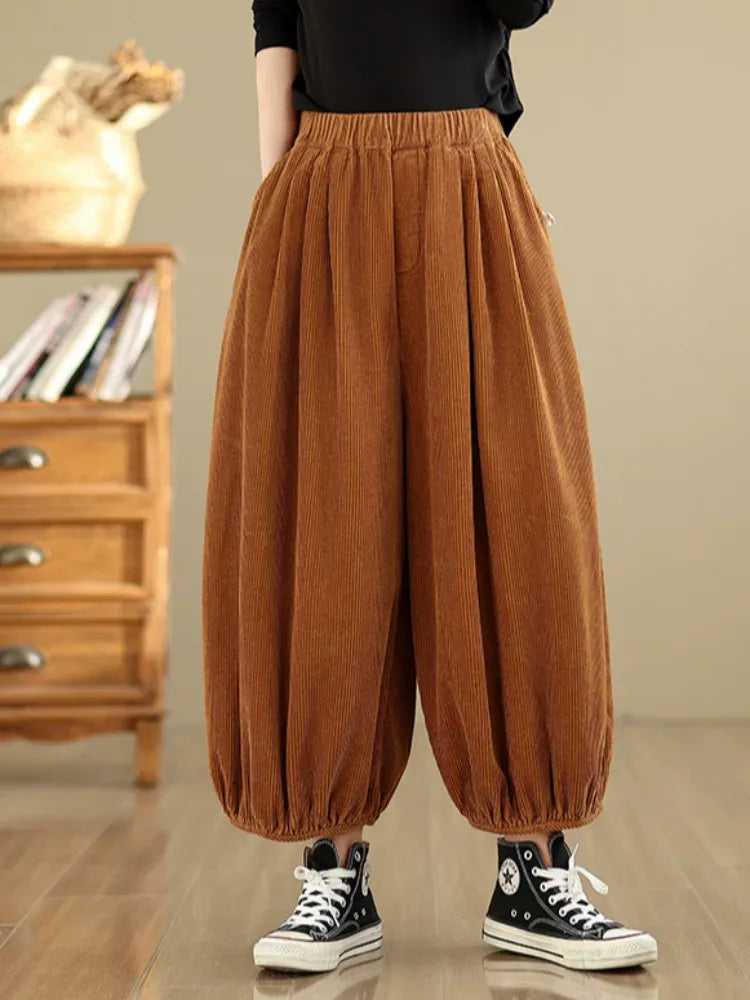 Vintage Corduroy Balloon-Leg Pants with Elastic Waist
