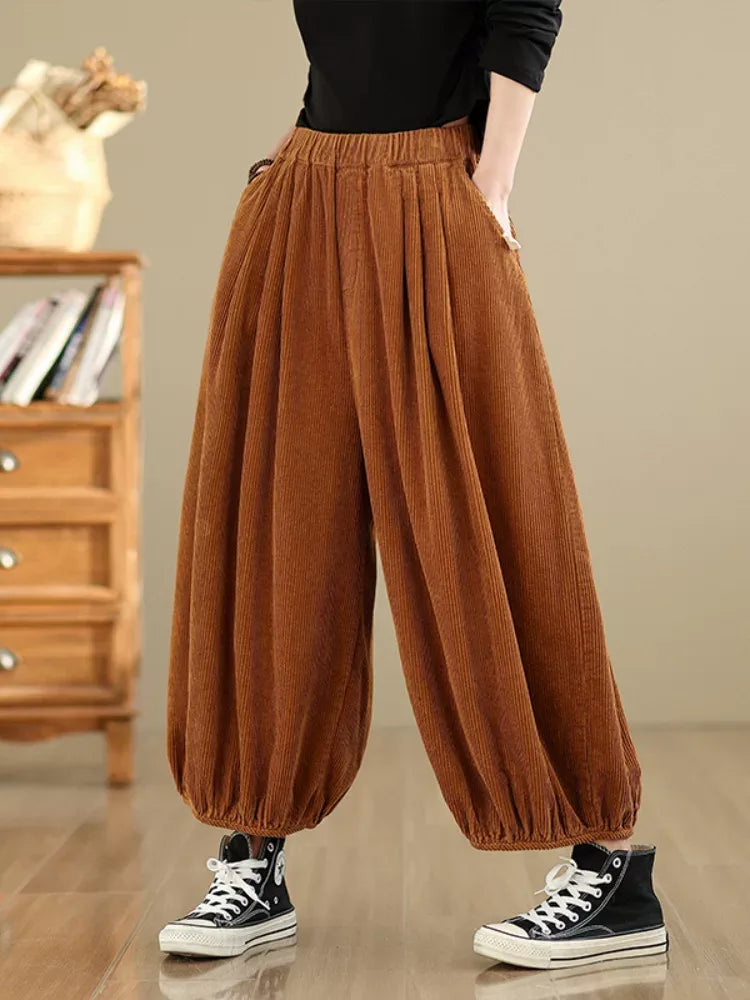 Vintage Corduroy Balloon-Leg Pants with Elastic Waist