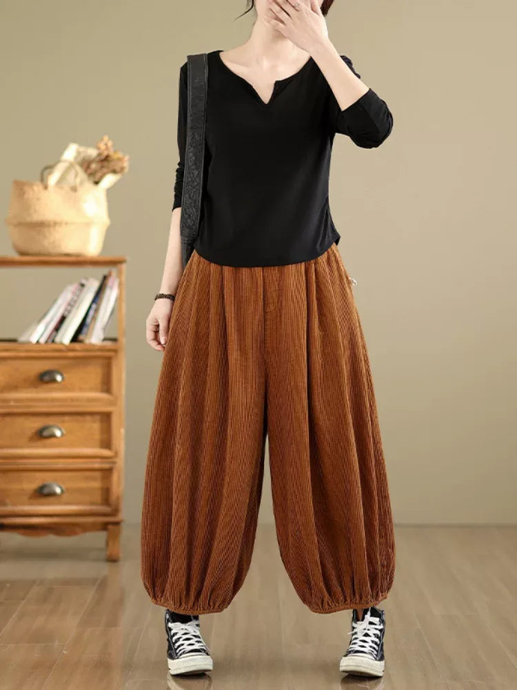 Vintage Corduroy Balloon-Leg Pants with Elastic Waist