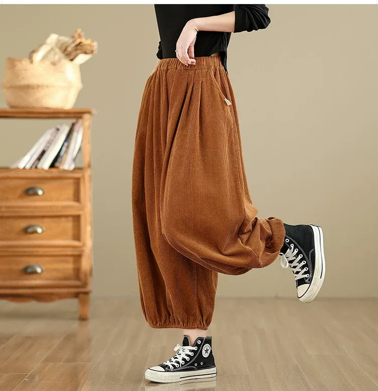 Vintage Corduroy Balloon-Leg Pants with Elastic Waist