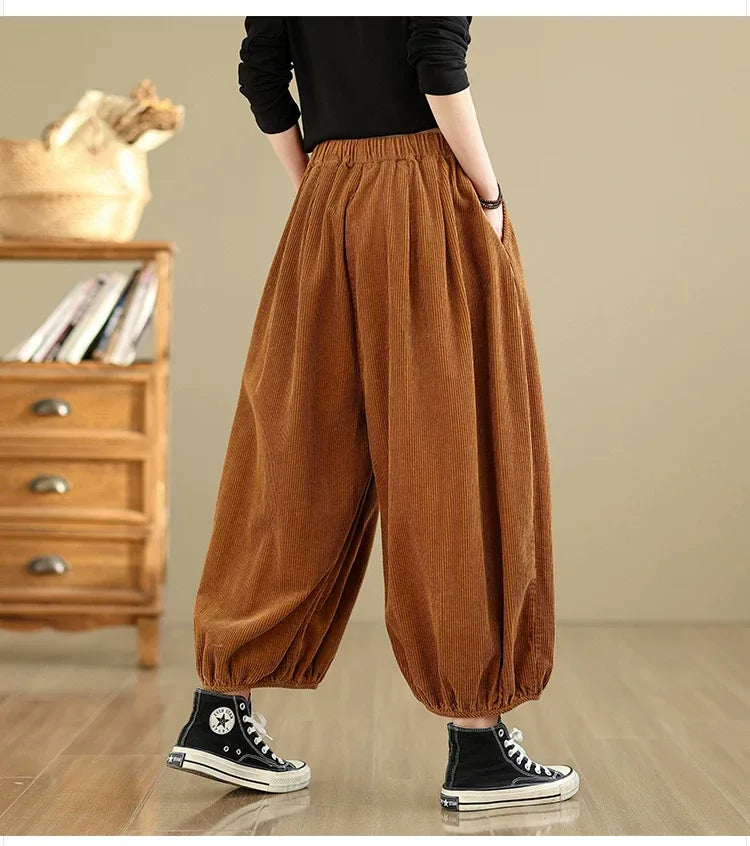 Vintage Corduroy Balloon-Leg Pants with Elastic Waist