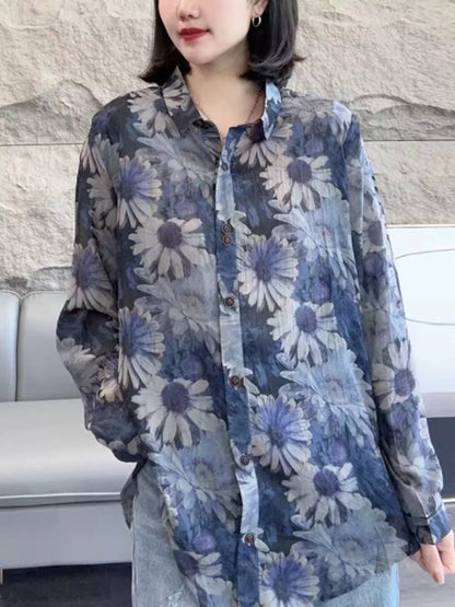 Vintage Cotton Linen Shirt with Floral Print