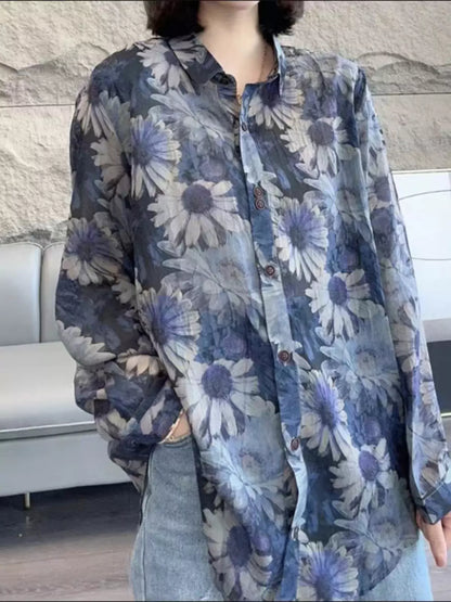 Vintage Cotton Linen Shirt with Floral Print