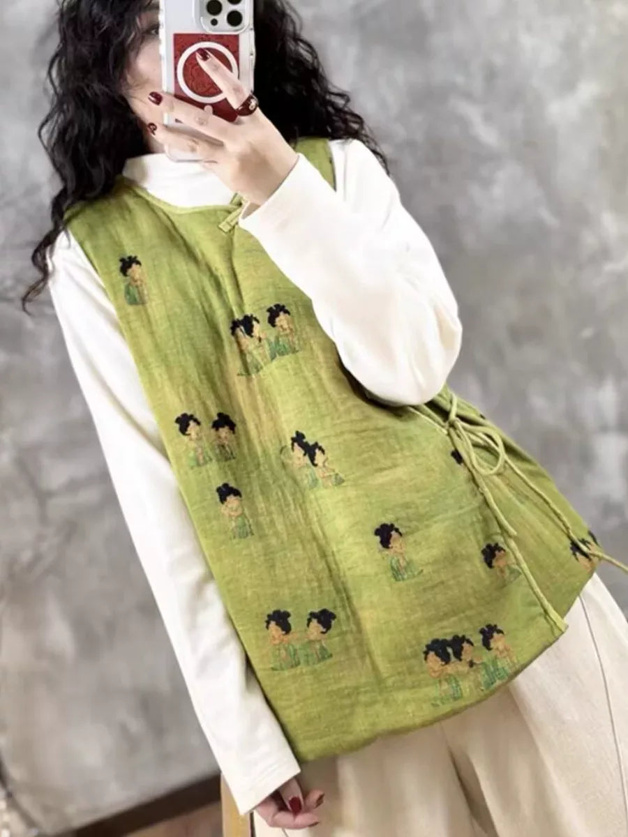 Vintage Court Lady Print Asymmetrical Placket Padded Vest