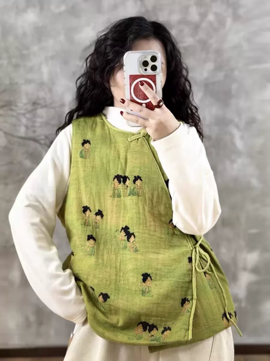 Vintage Court Lady Print Asymmetrical Placket Padded Vest