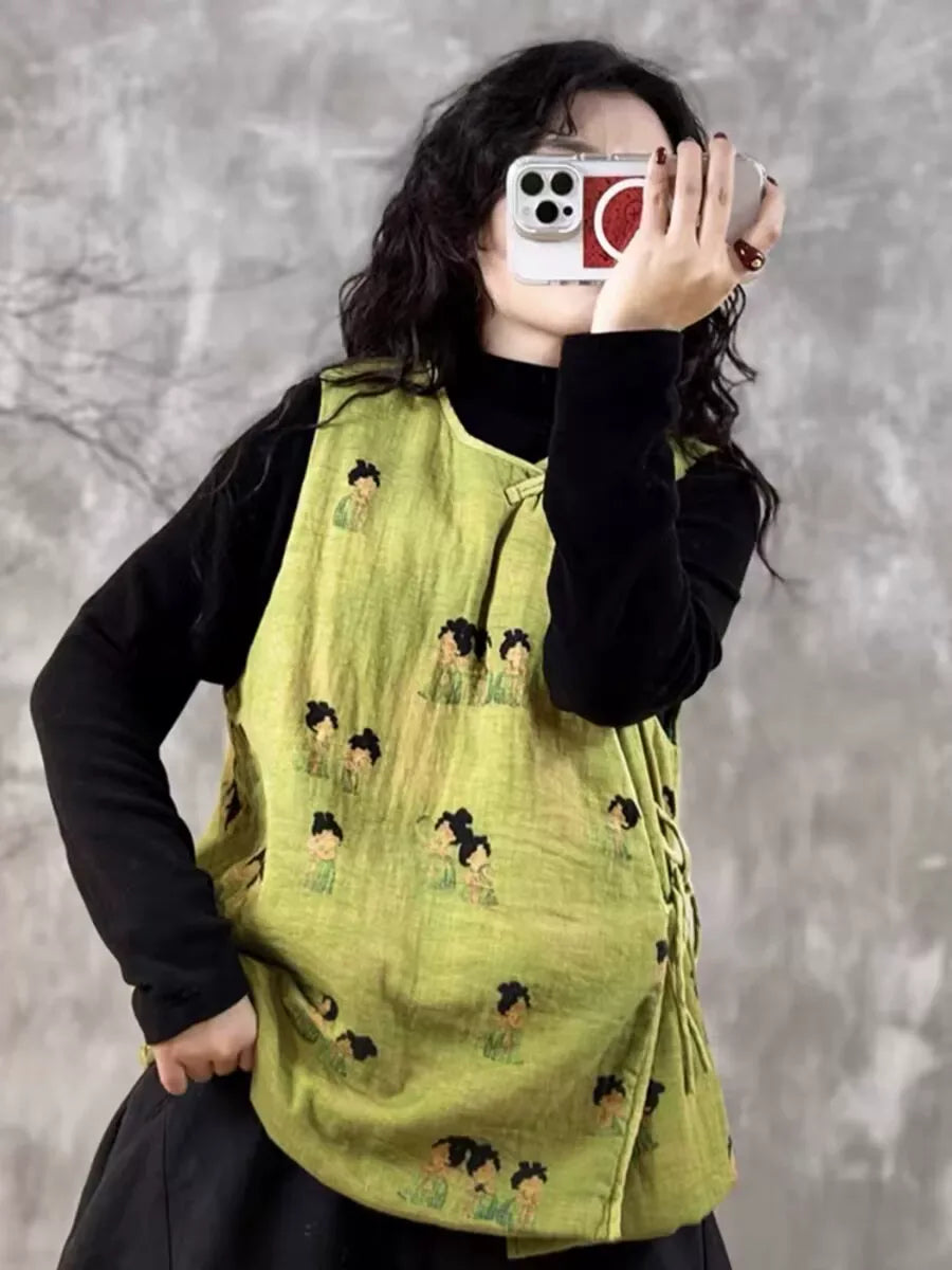 Vintage Court Lady Print Asymmetrical Placket Padded Vest