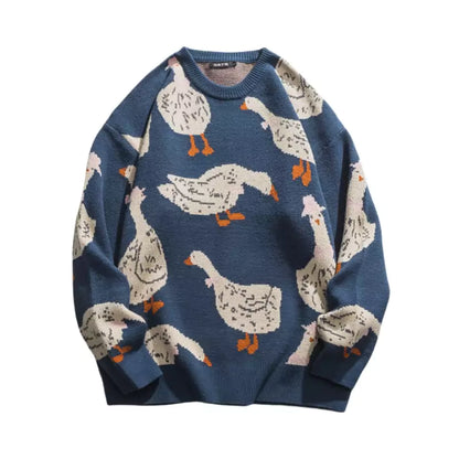 Vintage-Pullover mit niedlichem Cartoon-Gans-Intarsienmuster und Rundhalsausschnitt