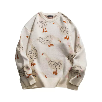Vintage-Pullover mit niedlichem Cartoon-Gans-Intarsienmuster und Rundhalsausschnitt
