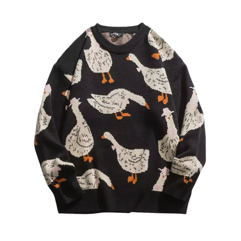 Vintage-Pullover mit niedlichem Cartoon-Gans-Intarsienmuster und Rundhalsausschnitt