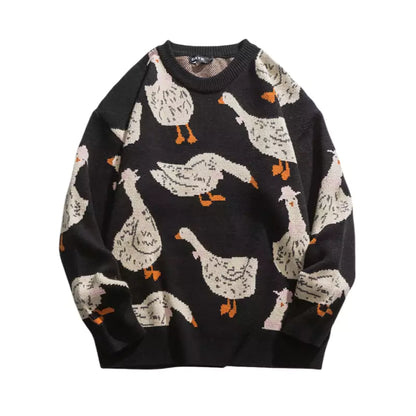 Vintage-Pullover mit niedlichem Cartoon-Gans-Intarsienmuster und Rundhalsausschnitt