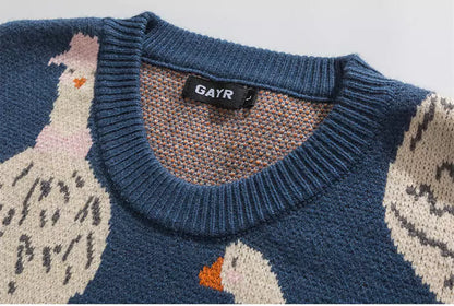 Vintage-Pullover mit niedlichem Cartoon-Gans-Intarsienmuster und Rundhalsausschnitt