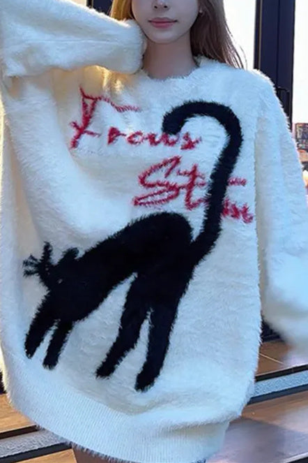 Vintage Cute Kitten Print Plush Crew Neck Sweater