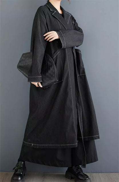 Vintage Denim Duster Jacket with Tie Detail and Contrast Stitching