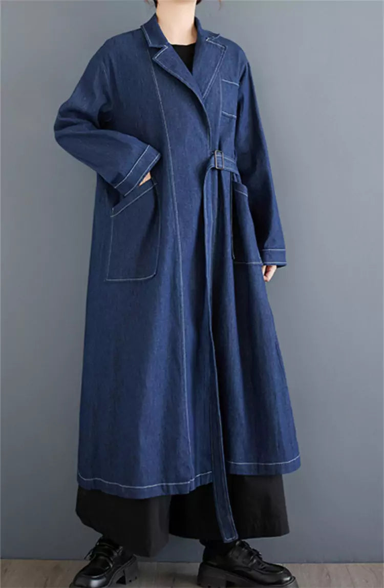 Vintage Denim Duster Jacket with Tie Detail and Contrast Stitching