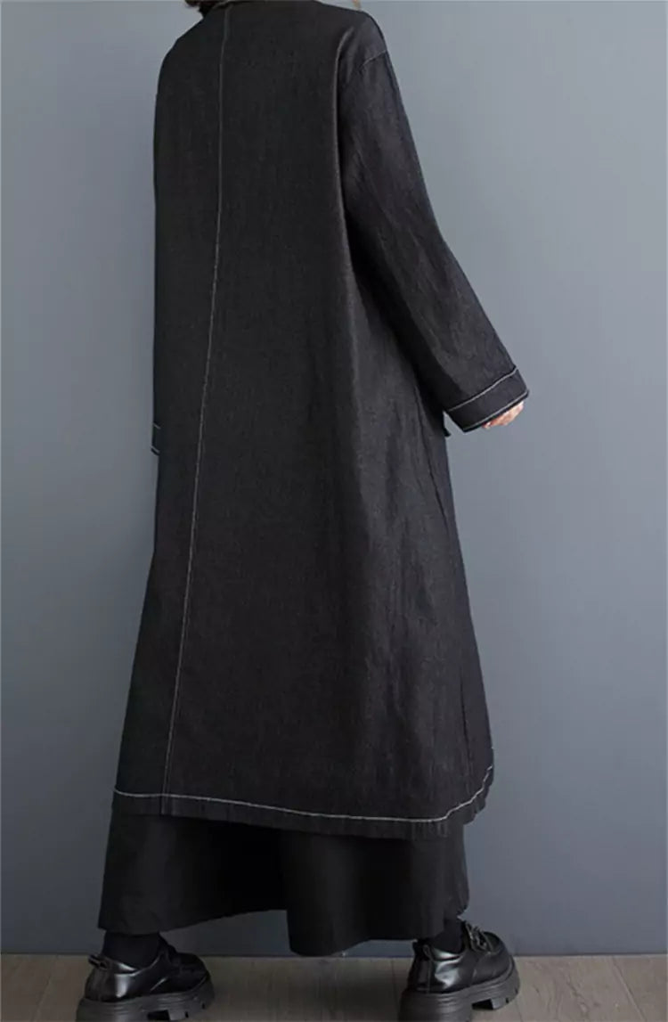 Vintage Denim Duster Jacket with Tie Detail and Contrast Stitching