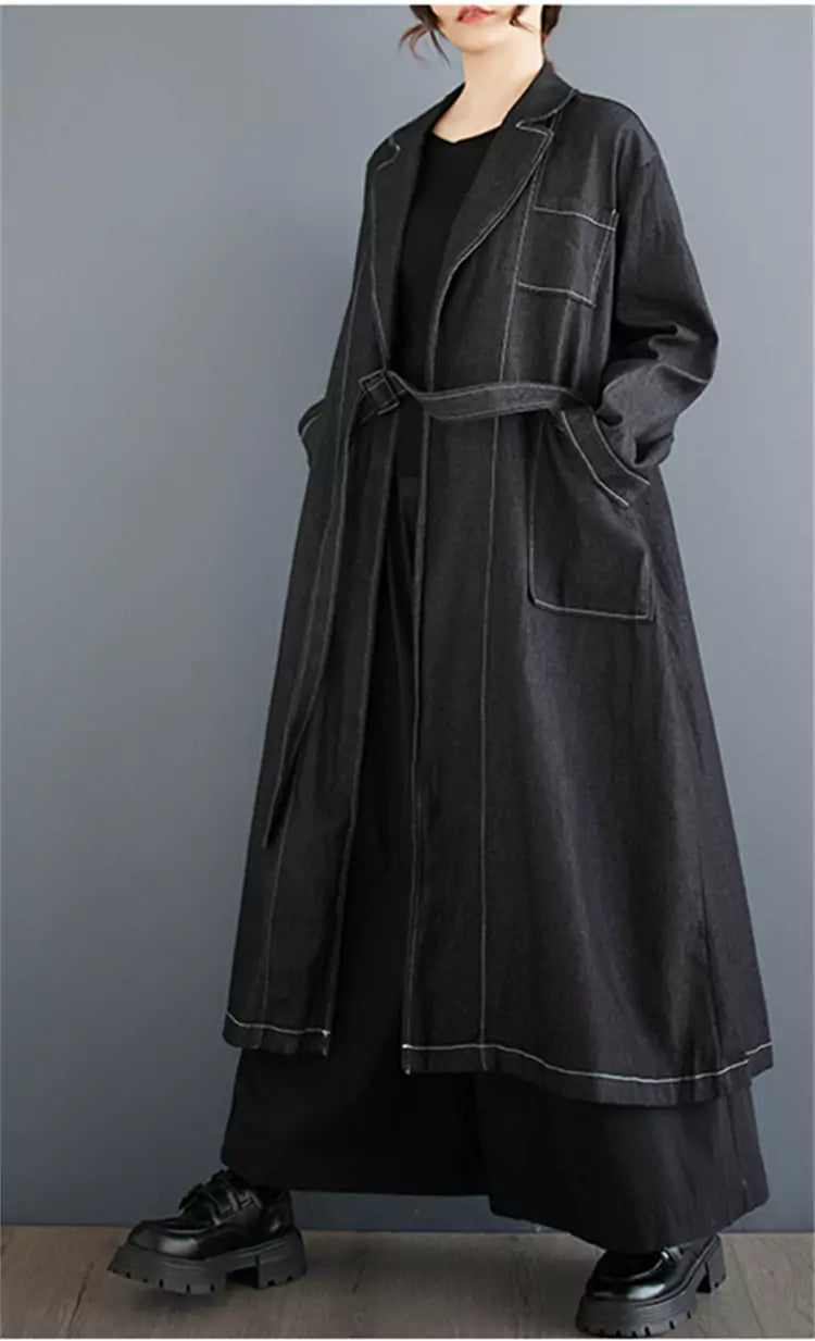 Vintage Denim Duster Jacket with Tie Detail and Contrast Stitching