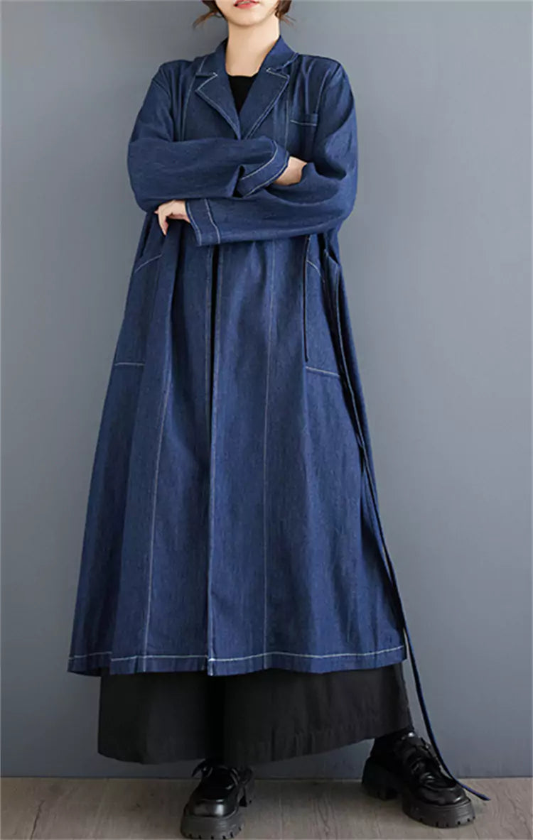 Vintage Denim Duster Jacket with Tie Detail and Contrast Stitching