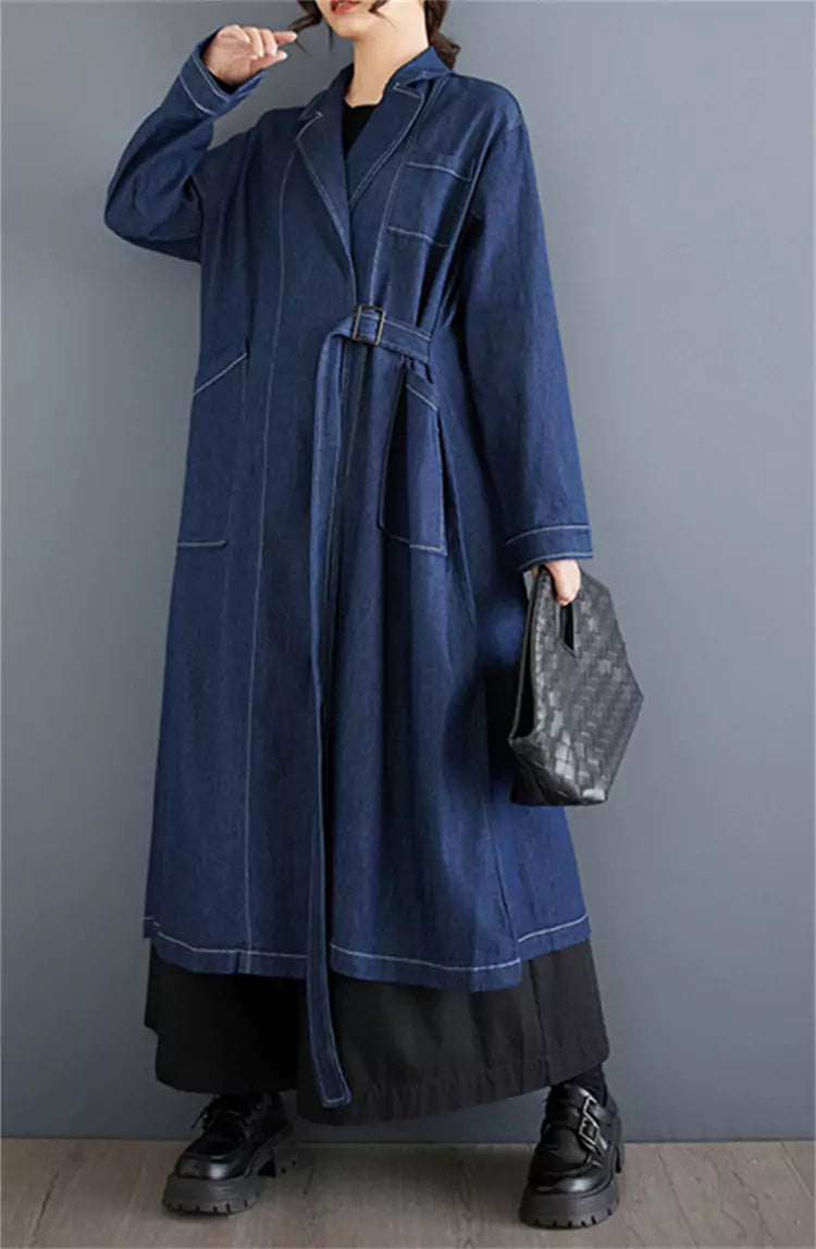 Vintage Denim Duster Jacket with Tie Detail and Contrast Stitching