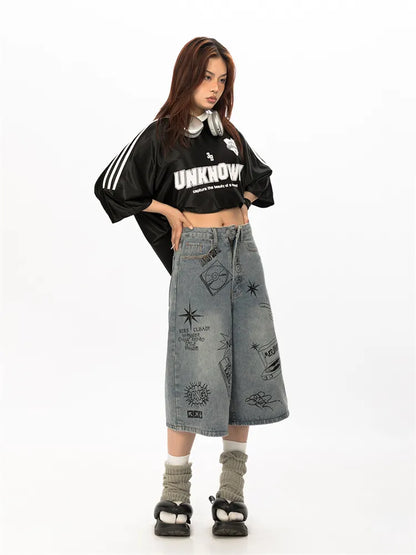 Vintage Designer Graffiti Denim Wide Leg Shorts BLAB