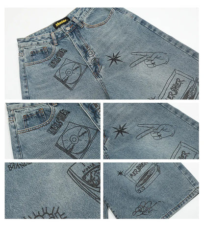 Vintage Designer Graffiti Denim Wide Leg Shorts BLAB