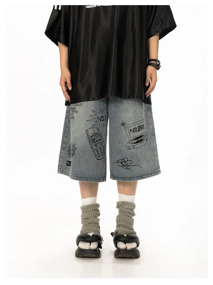 Vintage Designer Graffiti Denim Wide Leg Shorts BLAB