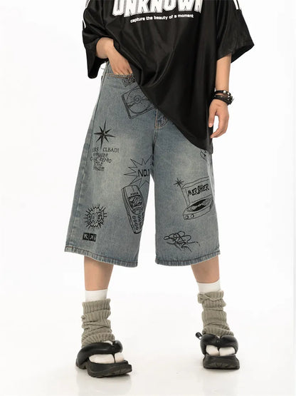 Vintage Designer Graffiti Denim Wide Leg Shorts BLAB