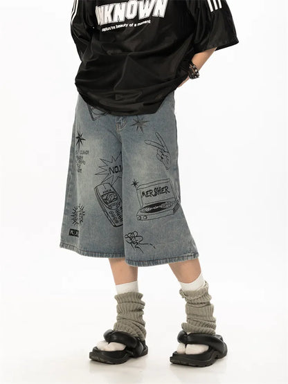 Vintage Designer Graffiti Denim Wide Leg Shorts BLAB
