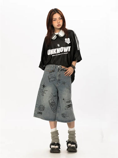 Vintage Designer Graffiti Denim Wide Leg Shorts BLAB