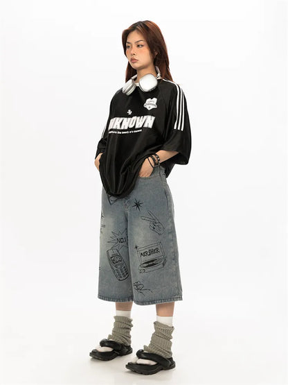 Vintage Designer Graffiti Denim Wide Leg Shorts BLAB