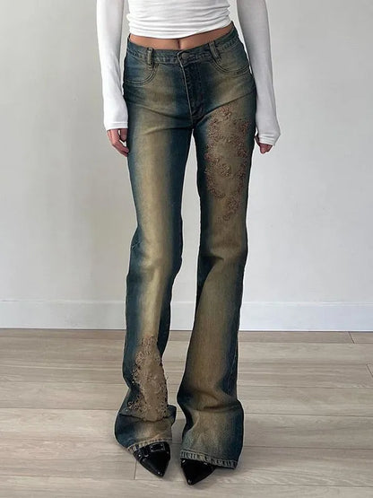 Vintage Distressed Low Waist Embroidery Slim Jeans