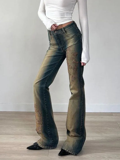 Vintage Distressed Low Waist Embroidery Slim Jeans