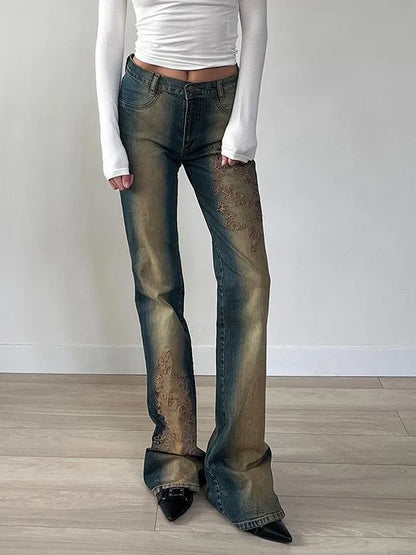 Vintage Distressed Low Waist Embroidery Slim Jeans
